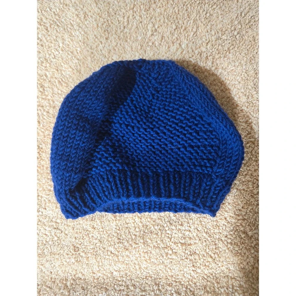 Mels Pdx knits Wool Handmade Royal Blue Beanie 6-9 mths baby Ribbed Winter Hat